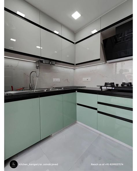 Kitchen Interior Glossy Finish, Green Interior Kitchen, Kitchen Cabinets Glossy Finish, Acrylic Countertop Kitchens, Acrelick Kitchen Design, Simple Cabinets Kitchen, Modular Kitchen Design For Small Kitchen, Light Green Kitchen Ideas, Glossy Kitchen Cabinets Modern