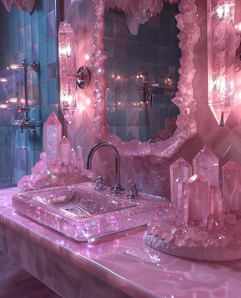 Crystal bathrooms & diamond covered bathroom stuff.✨💗 Because. Why not? You might feel protected while you 💩 Tomorrow I’m releasing a reel with these bathroom beauties, ANIMATED, and it’s MY FIRST REEL.✨💗 ⚠️These are not real, btw, just having fun and enjoying new visions as they come in. I was also inspired by a crystal mirror set I saw by @euphoriaai.art last week & promised to give credit. Thank you for providing inspo.💕 What does your fantasy bathroom look like? Xo, Heather . . . ✨I... Crystals For Bathroom, Cute Bathroom Mirror, Fairycore Bathroom, Bedroom And Bathroom Ideas, Mirror With Crystals, Colorful House Decor, Fantasy Bathroom, Princess Bathroom, Glitter Bathroom