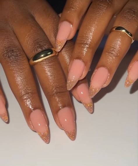 Anniversary Nails Almond, Oval Overlay Nails, Ballet Pink Almond Nails, Summer Nail Inspo Black Women, Orange And Cream Nails, August Nails Ideas Almond, Pink And Gold French Tip Nails, Almond Nude Nails With Glitter, Ombre Nails Black Women