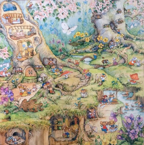 Mouse town Mouse House Illustration, Mouse Village, Childrens Poetry, Brambly Hedge, Storybook Art, Wall Drawing, House Illustration, Fairytale Art, Book Images