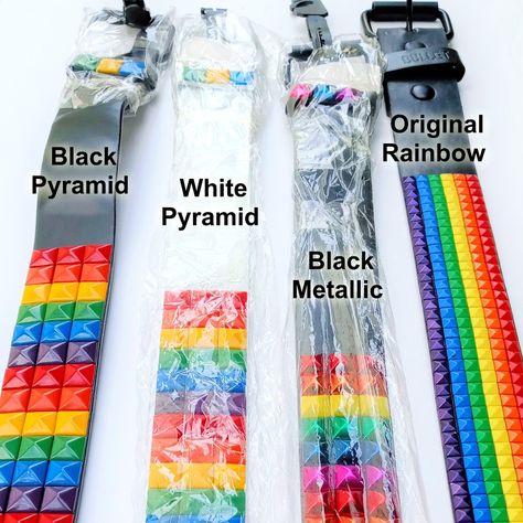 Sean Core, Colors In The Rainbow, Rainbow Belt, Clowncore Aesthetic, Pyramid Design, Rainbow Belts, Rainbow Accessories, Scene Outfits, Metallic Design