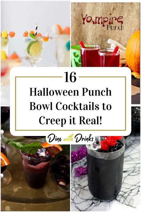 Collage of 4 halloween punch bowl cocktails. Halloween Party Cocktails Punch, Spiked Punch Bowl Recipes, Halloween Cocktail For A Crowd, Alcholic Halloween Punch, Best Alcoholic Punch For A Party, Halloween Drinks For A Crowd, Spooky Alcoholic Punch, Halloween Party Drinks Alcohol Punch, Halloween Alcoholic Punch For A Party