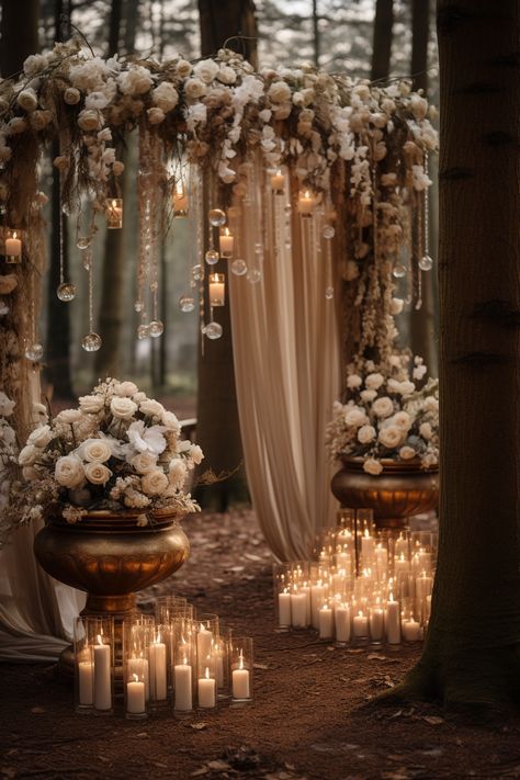 Step into the magical realm of a nighttime forest wedding with these enchanting entrance ideas. Let the flickering lanterns and candlelit path guide you towards an unforgettable celebration under the stars. Edgy Wedding Decor, Magical Forest Wedding, Enchanted Forest Wedding Theme, Forest Wedding Ceremony, Forest Theme Wedding, Enchanted Forest Wedding, Wedding Altars, Dream Wedding Venues, Boho Blue