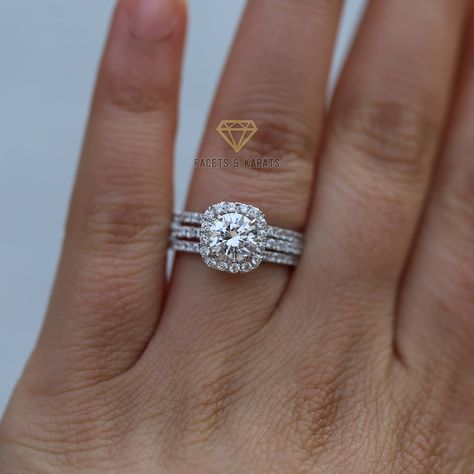 Made in solid 18k white gold, this beautiful engagement ring bridal set is a must have for those cushion halo lovers. This is the ultimate set. It is beautiful, it is classic, and it is elegant. Please keep in mind that you will not be able to wear these bands alone by themselves as they have a notch in order to sit flush next to the main ring. There are a total of 3 rings in this listing. ☼Design Cushion halo wedding rings are truly some of the best looking rings out there. There is something m Halo Wedding Bands, Double Wedding Bands, Halo Wedding Rings Sets, Engagement Ring For Him, Halo Engagement Ring Sets, Future Engagement Rings, Couple Wedding Rings, Wedding Rings Halo, Engagement Rings Bridal Sets