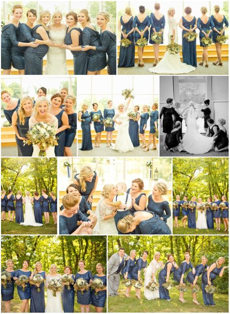 Fall wedding. Bridesmaid photo ideas. Navy blue sequin dresses, cowl back. Maid and matron of honor in floor length while bridesmaids are knee length. Made also for maternity (pregnant Matron of Honor). Maid And Matron Of Honor, Bridesmaid Photo Ideas, Navy Blue Sequin Dress, Matron Of Honor, Bridesmaids Photos, Sequin Dresses, Matron Of Honour, Navy Wedding, Wedding Bridesmaid