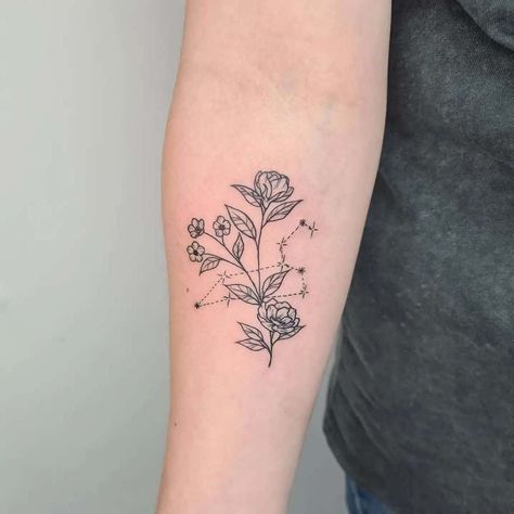 Subtle Leo Constellation With Flowers Tattoo Design Constellation Lion, Small Leo Tattoo, Leo Sign Tattoo, Flowers Tattoo Design, Flower Tattoo On Ribs, Zodiac Signs Leo Tattoo, Leo Constellation Tattoo, Leo Zodiac Tattoos, Leo Tattoo Designs