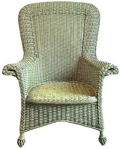 One Kings Lane Vintage Cape Cod-Style Green Wicker Armchair - Vermilion Designs  #ad #homedecor #homestyle #homedecorideas #livingroom #livingroomideas #livingroomdecor #masterbedroom #mint Parisian Bistro Chairs, White Wicker Furniture, Wicker Armchair, Vintage Porch, Painted Wicker, Cape Cod Style, Vintage Cape, Deco Boheme, White Wicker