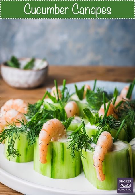 Create a classic easy finger food by making these cucumber canapes with prawns! these fancy appetisers are easy to prepare with a refreshing tzatziki filling, flavourful prawns and vibrant herb topping. Serve these for a party and your guests will be asking you for the recipe. Chinese Prawn Recipes, Cucumber Canapes, Prawns Appetizers, Prawn Starters, Cucumber Appetizers, Flavorful Shrimp, Easy Finger Food, Gourmet Appetizers, Fancy Appetizers