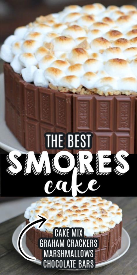 A graham cracker crust, chocolate bar covering, vanilla-flavored cake, and a toasted marshmallow topping make this Chocolate S’mores Cake Recipe the perfect summer dessert for picnics and parties. Smore Poke Cake, S’mores Chocolate Cake, Smores Cake Recipe Easy, Smore Cake Recipe, Smores Layer Cake, Easy Smores Cake, Marshmallow Cake Recipe, Smore Birthday Cake, Smore Cake Birthday