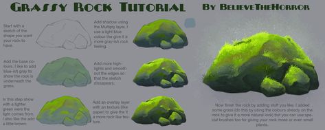 Grassy Rock Tutorial by BelieveTheHorror on DeviantArt Draw Rocks, Rock Tutorial, Cloud Tutorial, Drawing Rocks, Digital Tutorial, Background Painting, Mountain Drawing, Water Drawing, Eye Painting