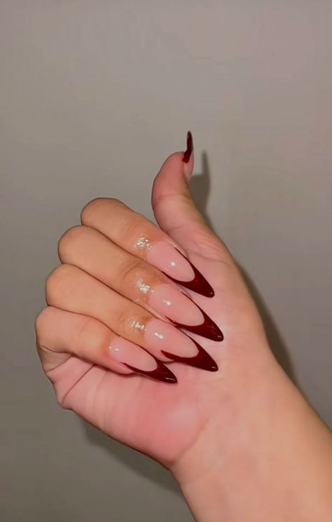 Wine French Tip Nails Almond, Dark Red Almond French Tip Nails, Burgundy Pointy Nails, Burgundy Stiletto Nails Design, Stiletto Nails Autumn, Oval Shape French Tip, Oval Shaped Christmas Nails, Burgundy Nails Almond Shape, Burgundy Long Nails