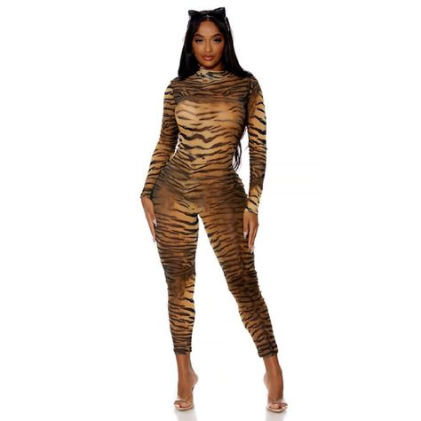 Forplay 552958 Can't Be Tamed Sexy Tiger Costume 2pc. Sexy Tiger Costume Features Mockneck Tiger Print Mesh Zipback Long Sleeve Jumpsuit And Ear Headband. Available In Extra Small/Small, Small/Medium, Medium/Large, Large/Extra Large Sizes Listed For Sale Accordingly Xs = Xs/S S = S/M M = M/L L = L/Xl Xl = L/Xl Model Is 5ft 4in And Wearing A Size Xs/S Includes: Jumpsuit And Ear Headband Fabric Content: 90% Polyester 10% Spandex Zip Closure Footwear Not Included #Nwt #Halloween #Y2k #Dollskill #Fa Baddie Halloween Costumes Black Women, Diy Tiger Costume Women, Tiger Halloween Costume Women, Tigress Costume, Tiger Costume Women, Rebrand Photoshoot, Animal Costumes For Adults, Tiger Halloween Costume, Tiger Halloween