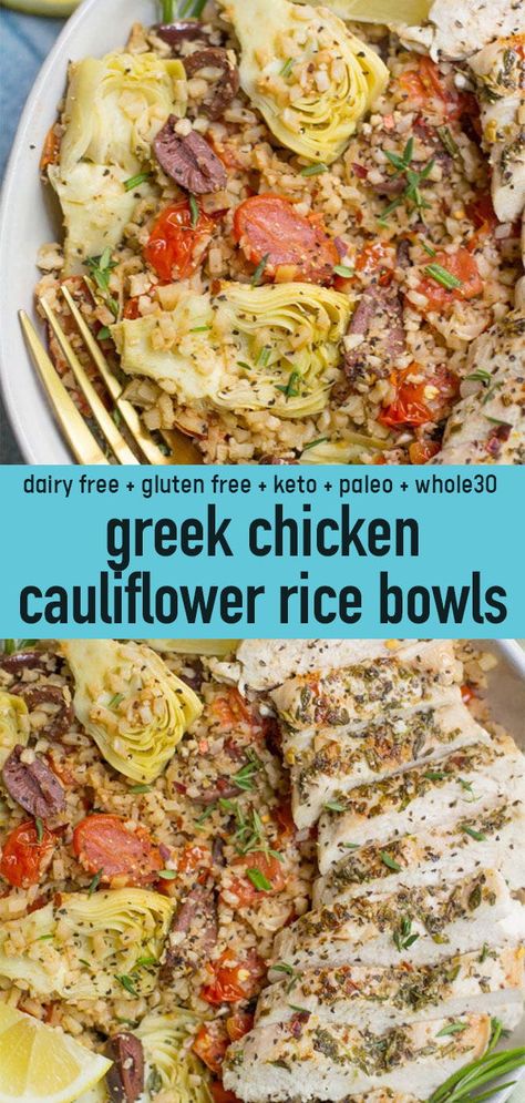 Keto Rice Bowl, Greek Cauliflower Rice Bowl, Cauliflower Rice Meals Healthy, Paleo Dinner For Two, Riced Cauliflower Bowls Healthy, Whole 30 Cauliflower Rice, Paleo Cauliflower Rice Recipes, Paleo Greek Recipes, Whole 30 Mediterranean Recipes