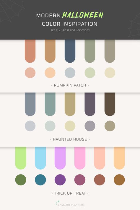 Spooky color palettes inspired by pumpkin patches, haunted houses, and trick or treating. Haunted House Color Palette, Aesthetic Halloween Color Palette, Purple Halloween Color Palette, Spooky Palette, Halloween Color Palette Hex Code, Halloween Color Palette, Pallet Halloween, Pasteles Halloween, Minimalist Halloween