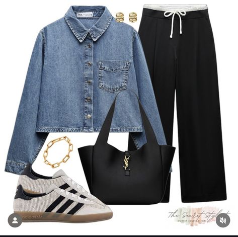 Cropped Shirt Outfit, Cropped Denim Jacket Outfit, Winter Snow Outfits, Late Fall Outfits, Cropped Denim Shirt, Runway Fashion Outfits, Sports Chic, Adidas Gazelles, Black Denim Shirt