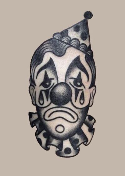 Clown Tattoo Traditional Flash Art, Jester Clown Tattoo, Creepy Clown Tattoo Designs, Traditional Style Clown Tattoo, Black And White Clown Tattoo, Mexican Clown Tattoo, Clown Head Tattoo, Hobo Clown Tattoo, Old School Clown Tattoo