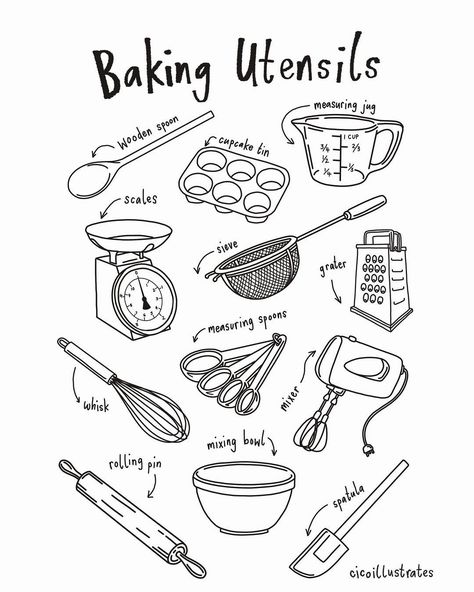 Baking Drawing, Recipe Book Design, Recipe Book Diy, Homemade Cookbook, Recipe Drawing, Food Doodles, Baking Utensils, Food Drawing, Journal Doodles