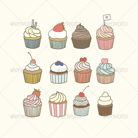 Set of 12 hand drawn cupcakes