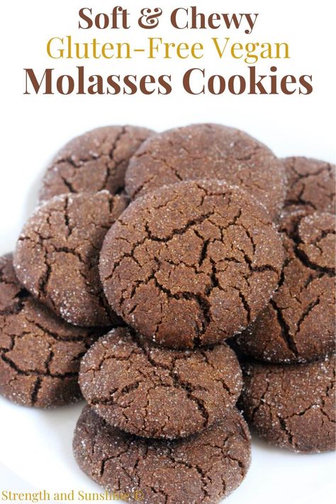 Gluten-Free Molasses Cookies (Vegan, Allergy-Free) | Strength and Sunshine | Soft and chewy Gluten-Free Molasses Cookies! These perfect old-fashioned molasses cookies are vegan and allergy-free. Rich with molasses and brown sugar, deliciously spiced with ginger and cinnamon, and rolled in sugar for a sweet crisp finish, these soft molasses cookies are so easy and quick to bake! A classic Christmas and holiday recipe for every cookie platter! Gluten Free Molasses Cookies, Vegan Ginger Molasses Cookies, Vegan Molasses Cookies, Old Fashioned Molasses Cookies, Mmm Cookies, Soft Molasses Cookies, Gf Treats, Gluten Free Holiday Cookies, Gf Food