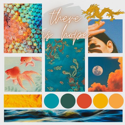 a mood board with the text "there is hope" at the top. Colors of blue, teal, orange, and yellow. Pictures of lizard scales, a girl with hand over face and blue sky behind, a yellow dragon sticker, asian style goldfish painting, blue shiny fabric with oriental designs, a blue sky with a white moon and orange clouds, a close up picture of yellow spices, and ocean waves with colorful reflections. How To Color Dragon Scales, Coral Reef Mood Board, Fish Mood Board, Ocean Mood Board, Event Mood Board, Dragon Moodboard, Healthy Color Palette, Lizard Scales, Peace Mood