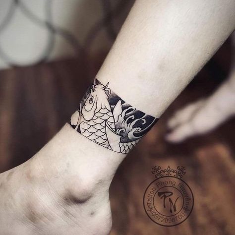 Koi Band Tattoo Design, Koi Fish Arm Band Tattoo Design, Ankle Tattoo Japanese, Koi Fish Band Tattoo, Japanese Ankle Tattoo, Koi Armband Tattoo, Meaningful Armband Tattoos For Men, Ankle Band Tattoo Mens, Japanese Band Tattoo