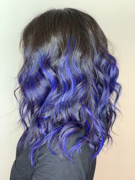 Extreme blue peekaboo highlights/balayage Peekaboo Hair Black Women, Peekaboo Hair Black, Hair Styles Blue, Balayage Peekaboo, Blue Peekaboo Hair, Blue Peekaboo Highlights, Blue Peekaboo, Balayage Long Hair, Peekaboo Highlights