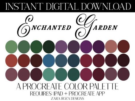 A Procreate color / colour palette tool, 1.swatches file, 30 swatches for tones & shades, digital art illustration, painting, illustrating, Christmas, Xmas, New Year, Halloween, Easter, Thanksgiving, Valentines Day, birthday party, weddings, baby showers, digital planner decor, festive holiday drawing aesthetic color scheme, iPad Pro hand lettering digital brushes illustrating & Apple Pencil painting on the Procreate app. 30 swatches, handpicked for a calm, relaxing, hippie, elegant, cute, retro Enchanted Forest Palette, Enchanted Forest Color Palette, Witchy Color Palette, Whimsical Color Palette, Valentines Day Birthday Party, Pallete Color, Halloween Color Palette, Palette Challenge, Enchanted Forest Coloring