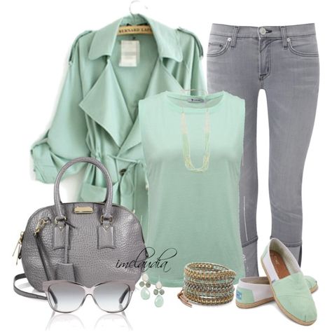 "Grey and Mint" Grey And Green Outfit, Green Wardrobe, Mint Green Outfits, Mint Green Purse, Grey Jeans Outfit, Mint Outfit, Turquoise Clothes, Combination Fashion, Nice Outfits