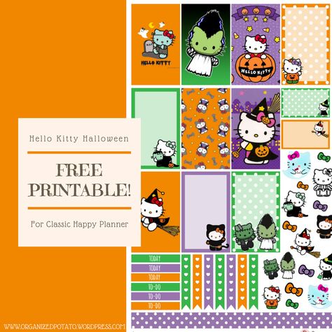 Halloween is coming up soon, so why not decorate your planner with some super cute Halloween stickers? These aren’t just any old Halloween Stickers. They have Hello Kitty on them! Hello Kitty… Printable Hello Kitty, Couple Accessories, Couple Socks, Duo Costumes, Halloween Printables Free, Free Printable Planner Stickers, Discord Banner, Hello Kitty Halloween, Planner Obsessed