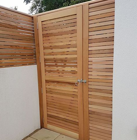 Cedar Garden Gate – Slatted Style With Square Edge Battens Slatted Gate, Contemporary Fence Panels, Contemporary Fencing, Cedar Gate, Cedar Wood Fence, High Fence, Slatted Fence Panels, Modern Carport, Backyard Gates