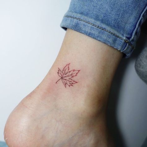 Leaves Minimalist Tattoo, Small Maple Leaf Tattoo Canada, Fall Lover Tattoo, Maple Tattoo Leaf, Small Canada Tattoo, Tiny Maple Leaf Tattoo, Fine Line Maple Leaf Tattoo, Simple Maple Leaf Tattoo, Canadian Leaf Tattoo