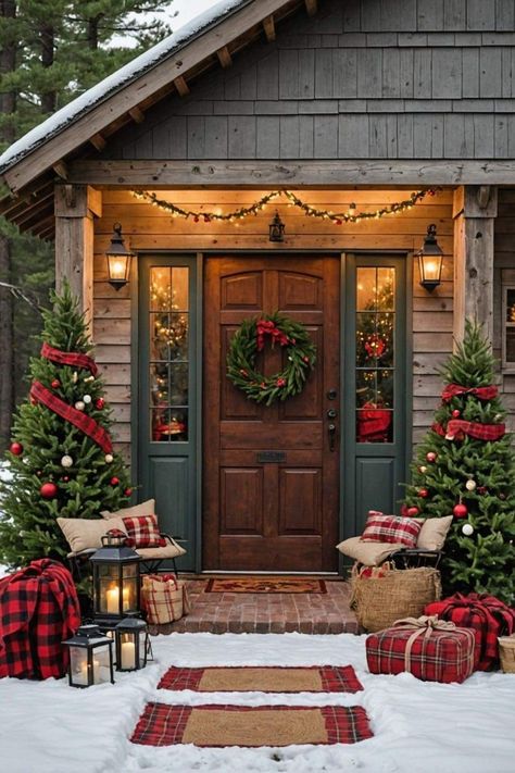 Seasonal Porch Ideas, Christmas Covered Porch, Country Christmas Decor Ideas Outdoor, Christmas Decorations Outside House, Christmas Outside Decorations Porches, Christmas Porches Ideas Outdoor, Porch Decorations For Christmas, Porch Christmas Decorations Outdoor, Rustic Christmas Front Porch