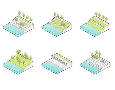 Axonometric Diagrams for Landscape Design Architecture Axonometric, Landscape Diagram, Landscape Architecture Diagram, Landscape Architecture Graphics, Urban Design Diagram, Urban Design Graphics, Urban Design Concept, Schematic Design, Eco Architecture