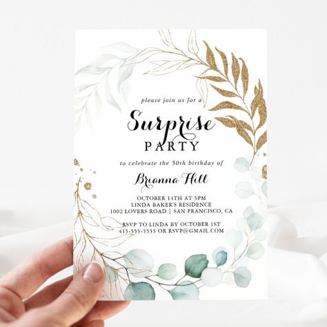 Birthday Calligraphy, Summer Birthday Invitations, Surprise Party Invitations, Surprise Birthday Invitations, Rustic Birthday, Surprise Birthday Party, Modern Birthday, Fancy Script, Gold Calligraphy