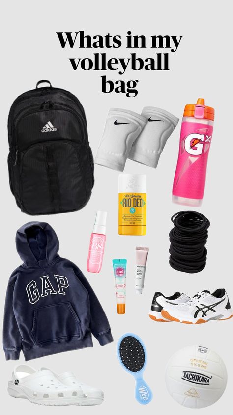 what's in my volleyball bag #volleyball #lululemon #preppy #nike #gatorade #shoes #slay #urmom #adidas Volleyball Bags, Volleyball Bag Essentials List, Sports Bag Essentials, Volleyball Snacks, Volleyball Tryouts, Volleyball Bag, Everyday Bag Essentials, Road Trip Packing List, Cute Workout Outfits