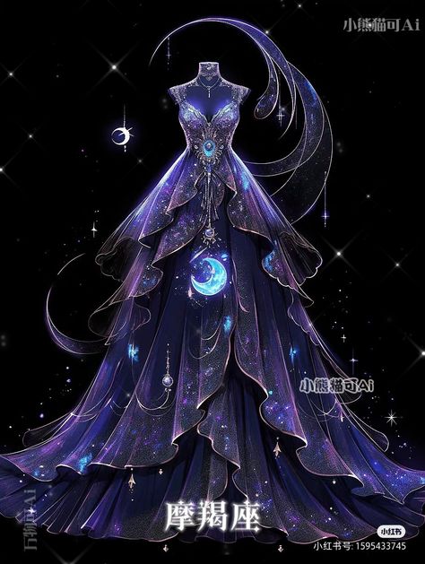 Space Dress, Fantasy Outfits, Magical Dress, Clothing Sketches, Clothing Design Sketches, Fantasy Dresses, Theme Dress, Fashion Drawing Dresses, Dress Design Sketches