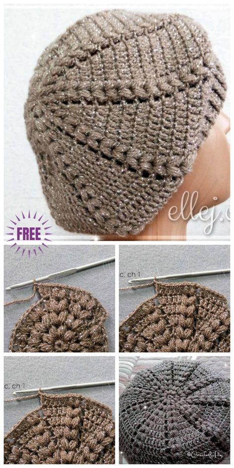 Crochet Easy Sunburst Puff Stitch Beret Hat Free Crochet Pattern Crochet Sunburst, Crochet Beret Pattern, Pola Topi, Beret Pattern, Easy Crochet Hat, Hat Patterns Free, Crochet Beret, Crochet Easy, Crochet Hat Free