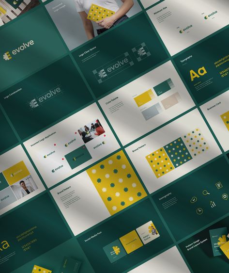 Evolve Brand Visual Identity on Behance Brand Identity Pattern, Brand Visual Identity, Brand Guidelines Design, Branding Identity Inspiration, Brand Identity Guidelines, Visual Identity System, Brand Manual, Page Layout Design, Logo Presentation