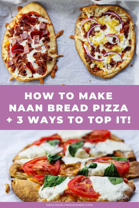 Naan bread pizza makes homemade pizza nights fresh, delicious and EASY! Crispy on the outside and soft on the inside, naan makes the perfect crust, and with 3 different ways to top it, everyone in the house will be happy! Nann Bread Pizza, Naan Bread Pizza Recipe, Easy Naan Bread, Host Ideas, Make Naan Bread, Nana Bread, Easy Naan, How To Make Naan, Naan Bread Pizza