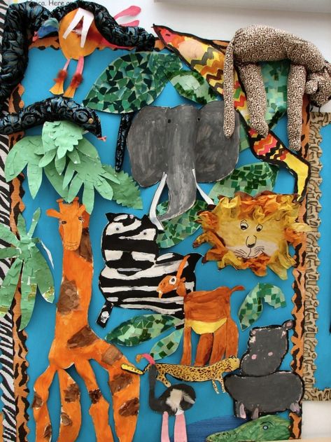 Down in the Jungle Display Wild Animal Art, Rousseau Art, Kids Bulletin Boards, Jungle Crafts, Animals Preschool, Rainforest Theme, Bullentin Boards, Jungle Decorations, Animal Art Projects