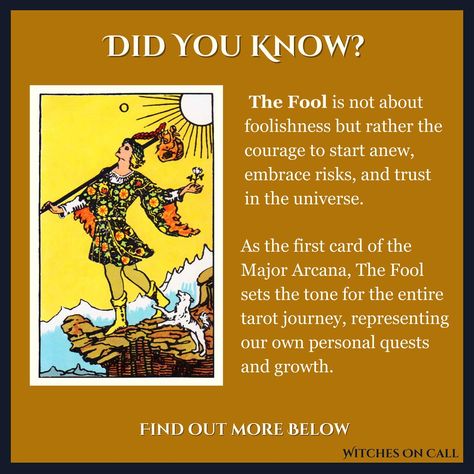 The Fool Spotlight on The Fool: Tarot’s Journey Begins Meet The Fool, the card that marks the beginning of the tarot journey! Let’s uncover the secrets and symbolism behind this fascinating figure. Card Meaning The Fool is numbered 0, representing infinite possibilities and new beginnings. It’s a card of adventure, innocence, and fresh starts. When The Fool appears in a reading, it’s an invitation to embrace new opportunities and trust the journey ahead. Symbolism 🔸 The Cliff: St... The Fool Aesthetic, Fool Tarot Meaning, Fool Card Tarot, The Fool Tarot Symbolism, The Fools Journey Tarot, The Fool Tarot Card, Fool Tarot Card, Trust The Journey, Tarot The Fool