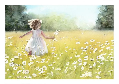 Girl in a Field of Daisies Watercolour Art Print Flower - Etsy Watercolour Field, Field Of Daisies, Watercolour Ideas, Summer Field, Field Art, Nursery Artwork, Watercolor Girl, Daisy Field, Wall Art Farmhouse