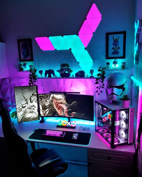 #setup #gamingsetup #setups #design #desksetup #pcsetup #homedecor #ideas #inspiration #nanoleaf #cololight #govee #razer #gamer #lights #vibes #mood #venom #marvel #comics #comic #hero Gaming Set Up Ideas, Gamer Lights, Venom Marvel Comics, Computer Desk Design, Gaming Ideas, Venom Marvel, Best Gaming Setup, Pc Builds, Setup Gamer