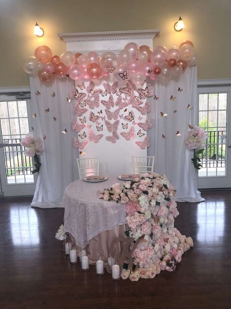 Blush Pink , Rose Gold, and Butterflies Baby Shower | CatchMyParty.com Butterfly Baby Shower Decorations, Butterfly Themed Birthday Party, فن النسيج, Butterfly Theme Party, Baby Shower Girl Diy, Blush Pink Baby Shower, Butterfly Baby Shower Theme, Girl Shower Themes