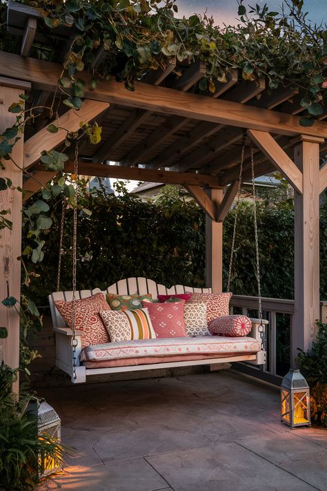 35 Outdoor Patio Ideas for a Relaxing Backyard Retreat Cosy Backyard, Cozy Back Patio, Cozy Backyard Seating, Hammock Ideas Backyard, Cozy Backyard Ideas, Cozy Patio Ideas, Cottage Patio, Relaxing Backyard, Backyard Hammock