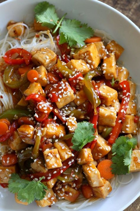 Sticky Ginger Sesame Tofu and Veggie stir fry with vermicelli or maifun noodles. Easy weekday Dinner. Vegan Gluten-free nut-free Recipe. Use chickpeas or more veggies to make Tofu-free | VeganRicha.com Tofu Veggie Stir Fry, Tofu And Veggies, Easy Weekday Dinners, Sesame Tofu, Cooking Vegan, Vegan Richa, Tofu Stir Fry, Weekday Dinner, Nut Free Recipes