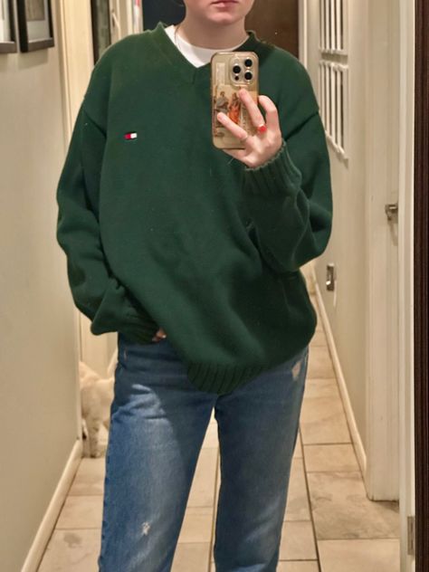 Thrifted green Tommy Hilfiger sweater styled with white tshirt and levi 501s Levi 501s, Tommy Hilfiger Sweater, Creative Expressions, Sweater Fashion, White Tshirt, Tommy Hilfiger, Instagram Photos, Photo And Video, Instagram Photo