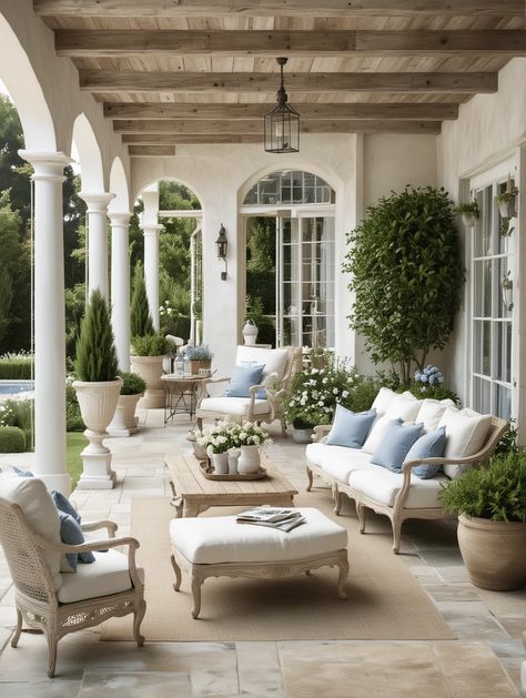 Looking for fresh patio decor ideas? Here are 4 chic design themes to help you create an outdoor oasis at home. Terrace Porch Ideas, French Farmhouse Patio, Old Money Patio, Rattan Patio Furniture Ideas, French Country Home Decor Ideas, Long Patio Ideas, French Patio Ideas, Outdoor Lanai Ideas, European Backyard Ideas