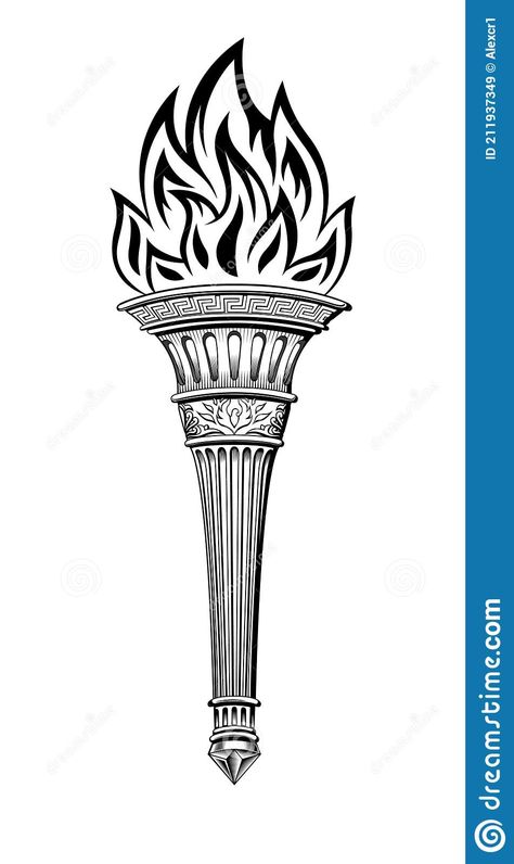 Antique Torch with the Fire of Prometheus. Stock Vector - Illustration of design, inscription: 211937349 Torch Illustration Design, Greek Torch Tattoo, Prometheus Tattoo Design, Liberty Torch Tattoo, Greek Torch, Torch Tattoo Design, Greek Themed Tattoos, Ancient Greece Illustration, Torch Illustration