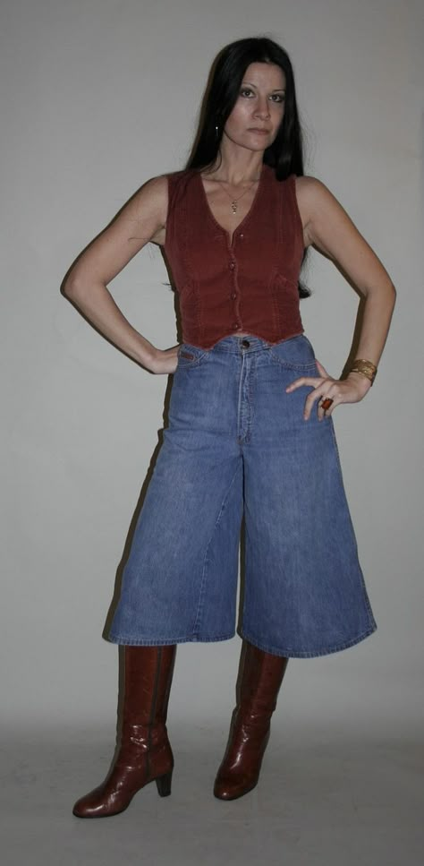 I wore gauchos in the '70s, and I had a pair of boots exactly like these. I wore the boots long after the gauchos were out of style. Goucho Pants, 1970s High Rise Denim Bottoms, 70s Gauchos, 1970s Denim Bottoms, 1970s Fitted Jeans, Landlubber Jeans 1970s, Dingo Boots, Boots Long, Gaucho Pants